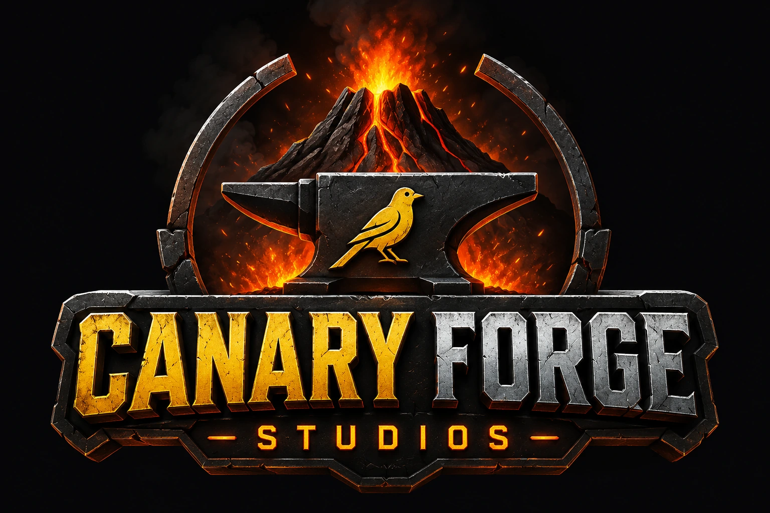 Logo de Canary Force Studios: volcán, yunque y canario dorado